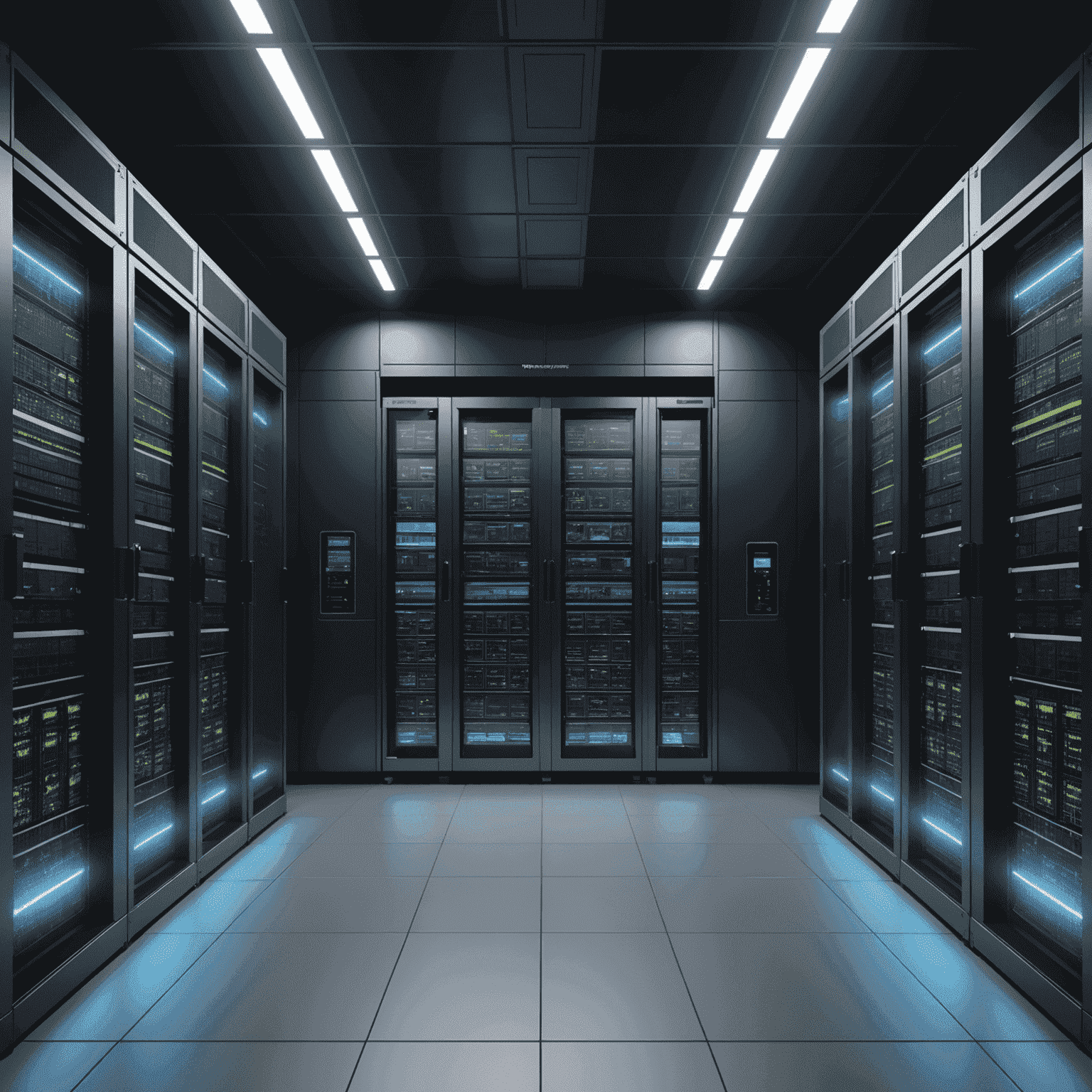 Modern data center with server racks and holographic displays showing virtualization management interfaces for VMware vSphere, Docker containers, and Hyper-V systems