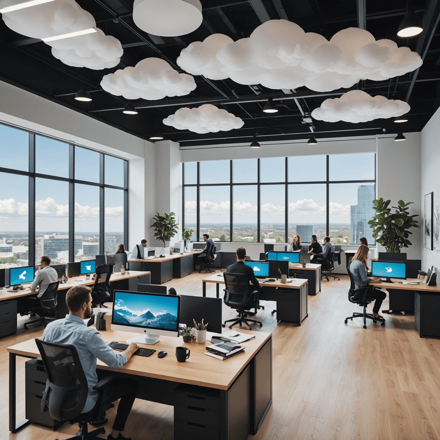 A modern office space with employees working on computers, showcasing the successful cloud migration of Global Tech Solutions