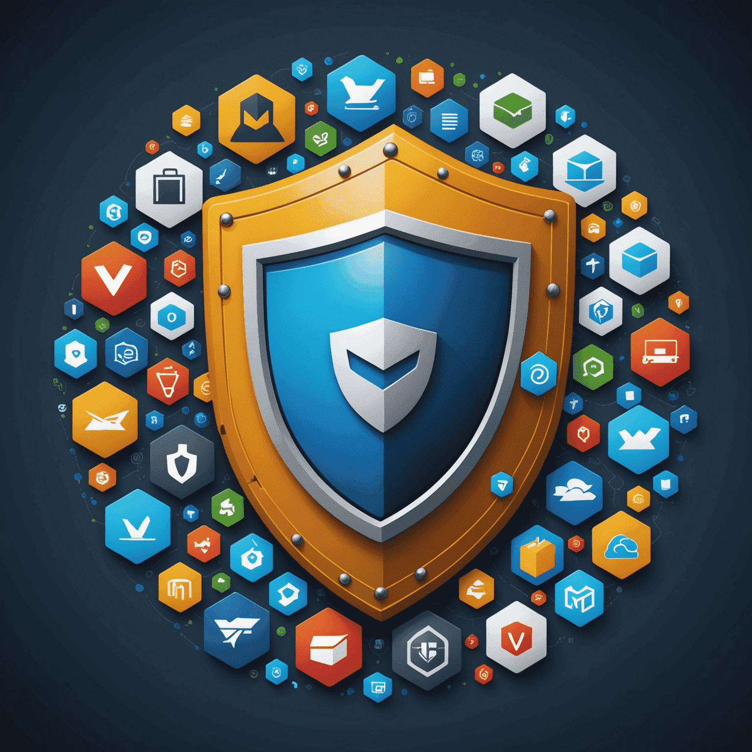 A secure virtual environment represented by a shield protecting various virtual machine icons, including VMware, Docker, Hyper-V, and QEMU logos