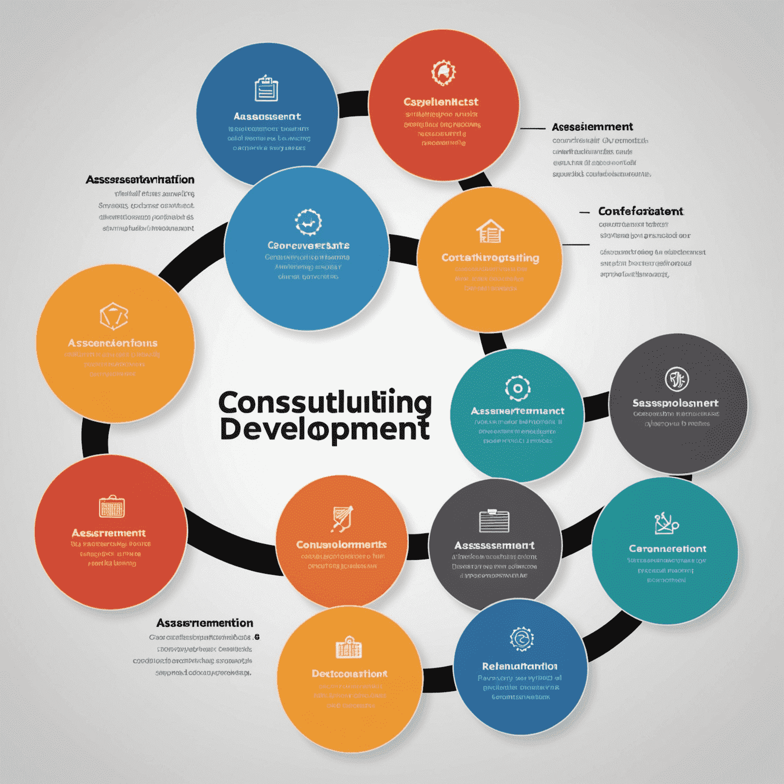 Diagram showing our consulting process: Assessment, Strategy Development, Implementation, and Continuous Improvement