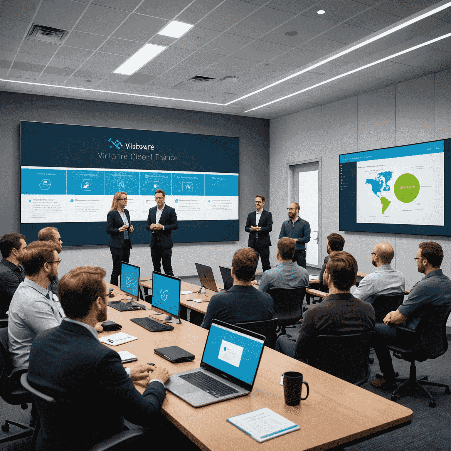 A group of IT professionals attending a virtualization workshop, with a presenter explaining concepts on a large screen showing VMware vSphere Client interface