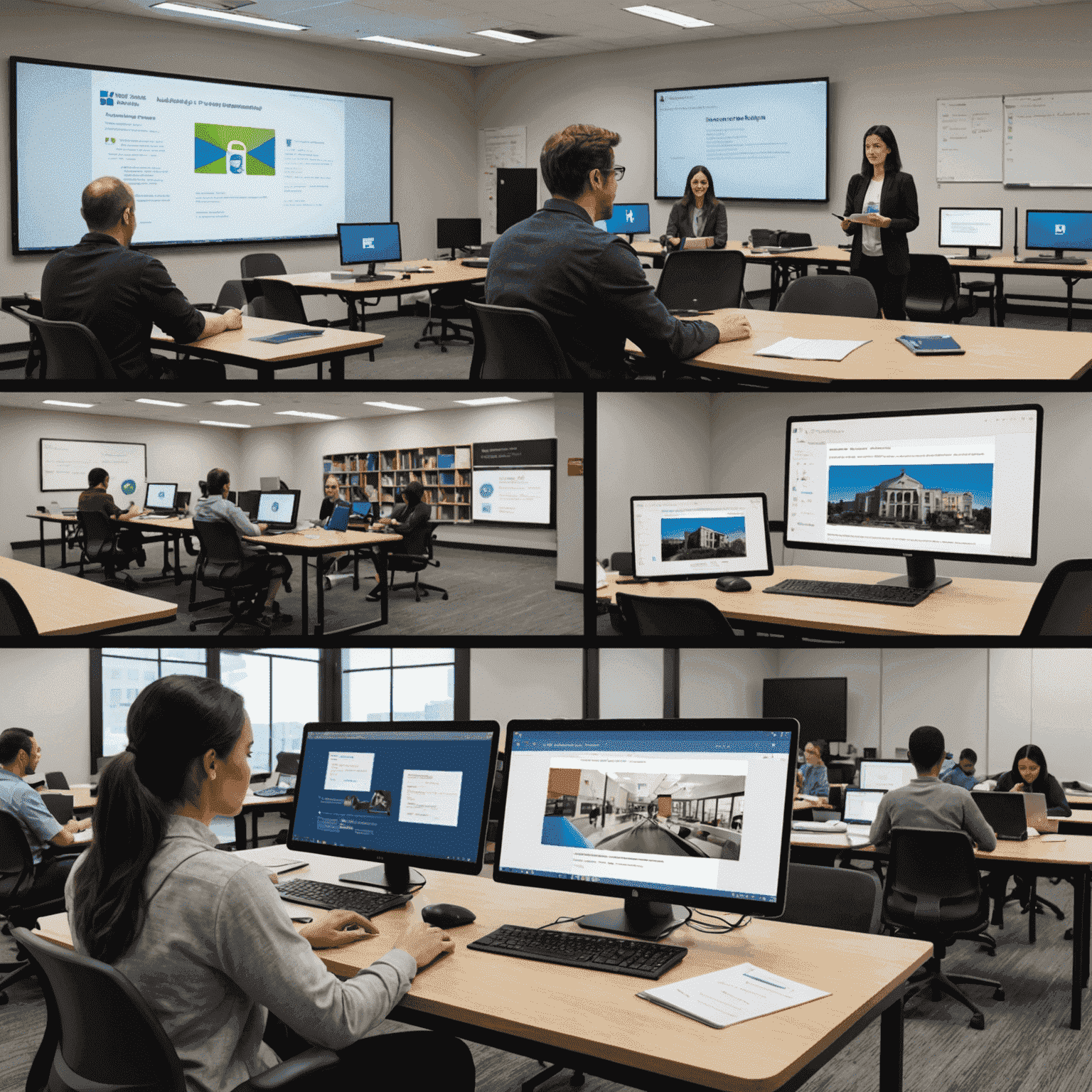 A collage showing different learning environments: an on-site classroom, a virtual training session on a laptop, and a person studying independently with virtualization software open