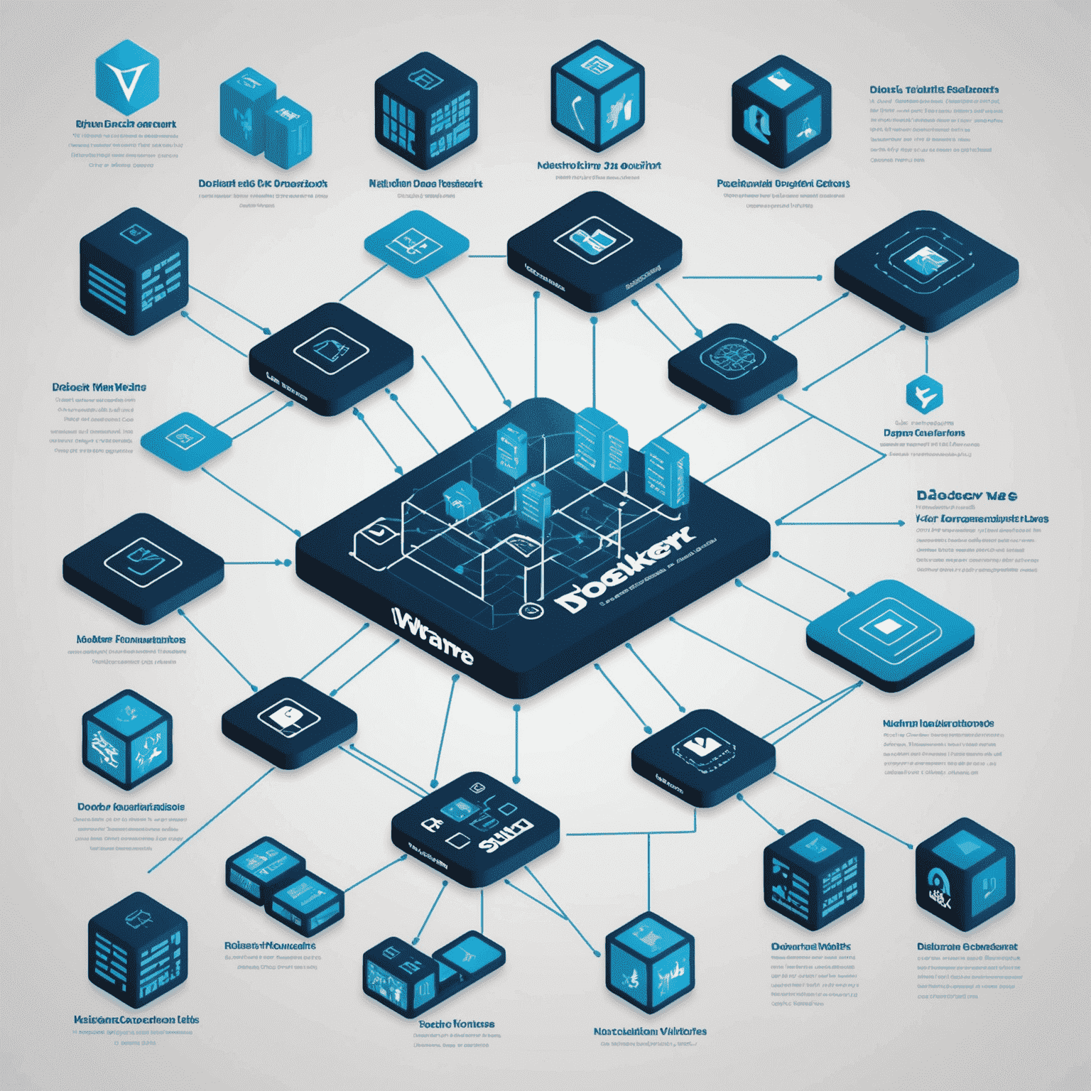 Infographic showing latest virtualization trends including VMware, Docker, Hyper-V, and QEMU logos with futuristic network connections