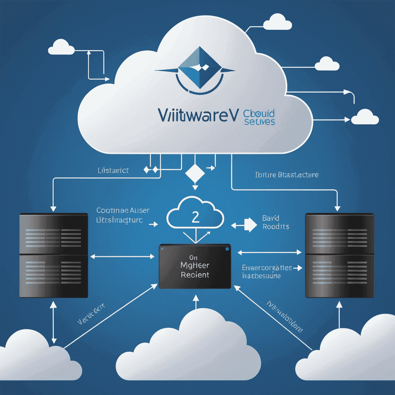 Illustration of a successful cloud migration process with arrows pointing from on-premise servers to cloud infrastructure, showcasing VMware and Hyper-V logos