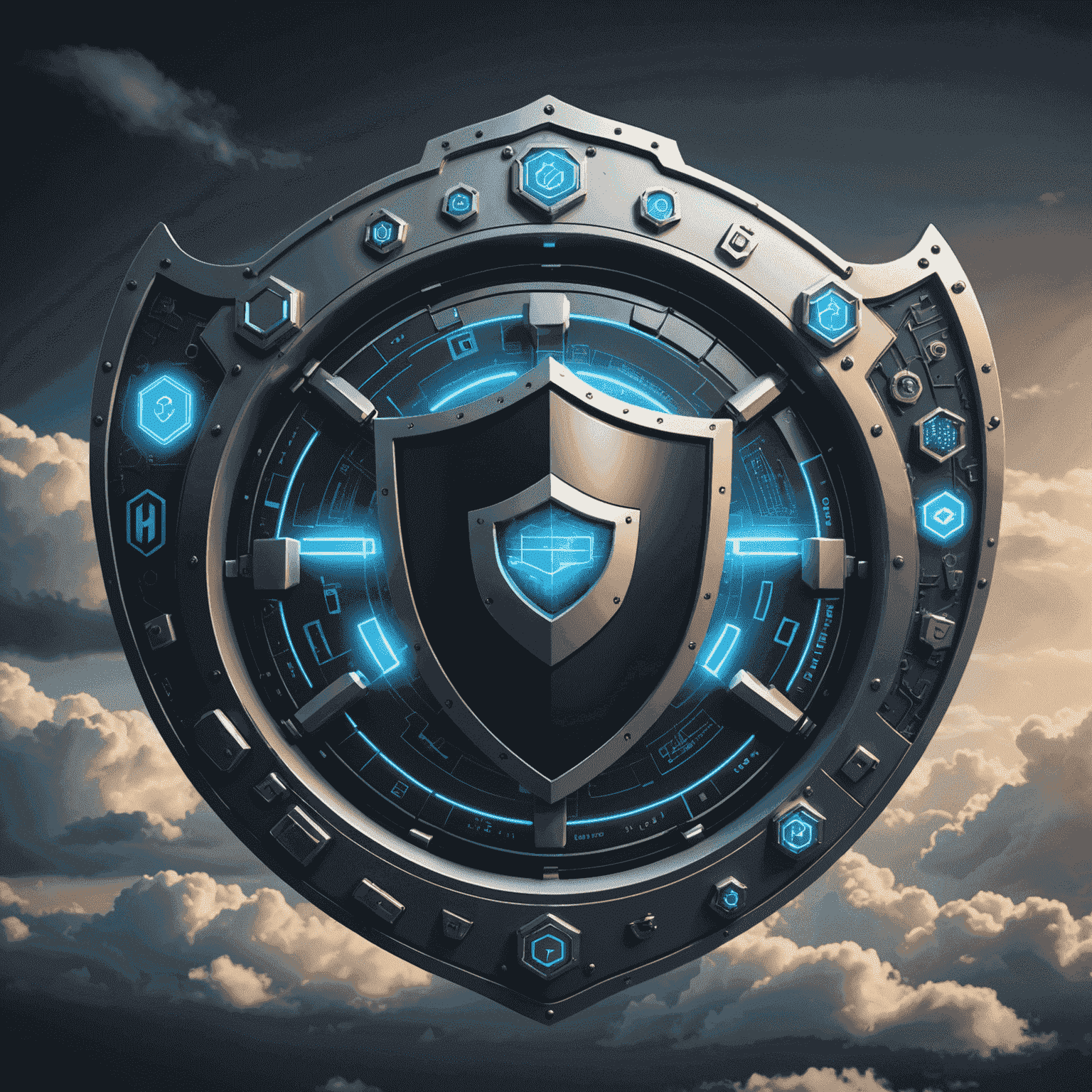 Cybersecurity concept image with a shield protecting virtual machines, containers, and cloud symbols, emphasizing security in virtualized environments